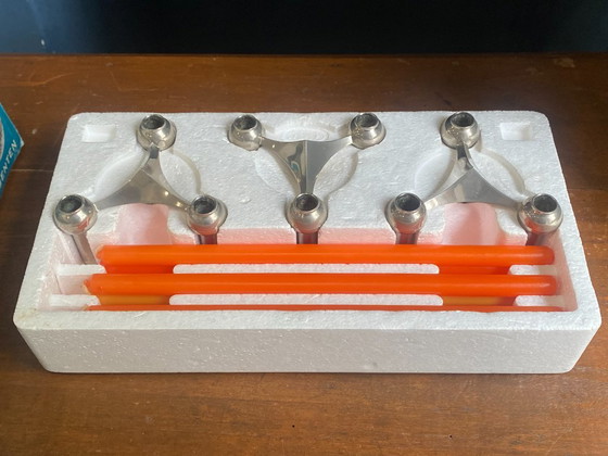 Set van 3 S22 kandelaars en 9 verstelbare NAGEL kaarsen, vintage jaren 70, originele doos (photo 3 of 20)