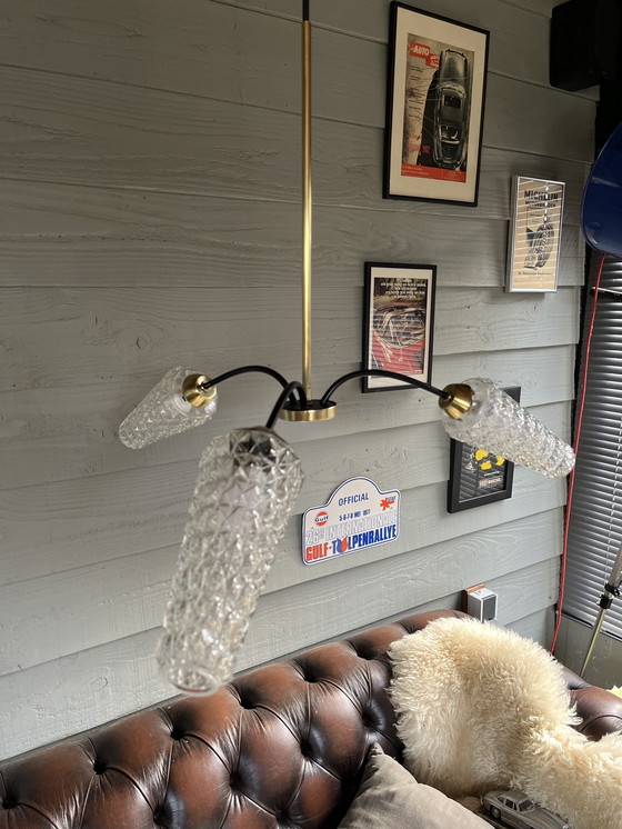 Image 1 of Vintage mid century kroonluchter met 3 kristalglazen lampen 