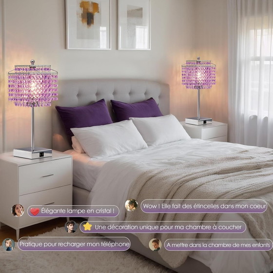 Paarse Touch Kristallen Lamp, 2 USB Poorten, Lamp Inbegrepen, Tafellampen, Modern (foto 5 van 7)