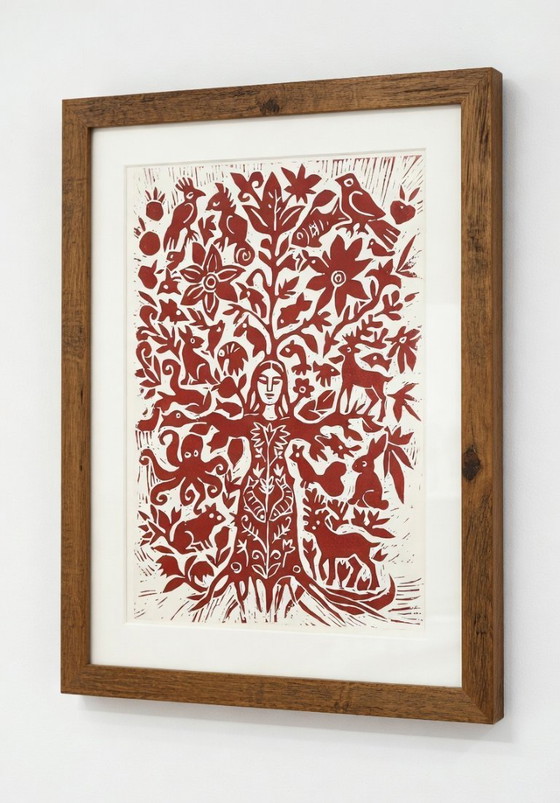 Image 1 of Linosnede van een boomvrouw: Botanische natuurkunst, A3, gelimiteerde oplage.