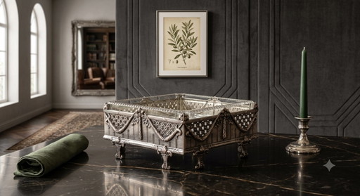 Rara copa cuadrada Art Nouveau plata maciza 800 y cristal WOLFERS FRERES/N.GOLDSCHMIDT siglo XIX