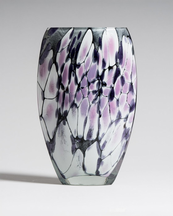 Image 1 of Large Murano Art Glass Vase 1980s • Hand Blown • Violet Black White Postmodern Italian