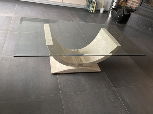 Table basse en travertin avec plateau en verre poli