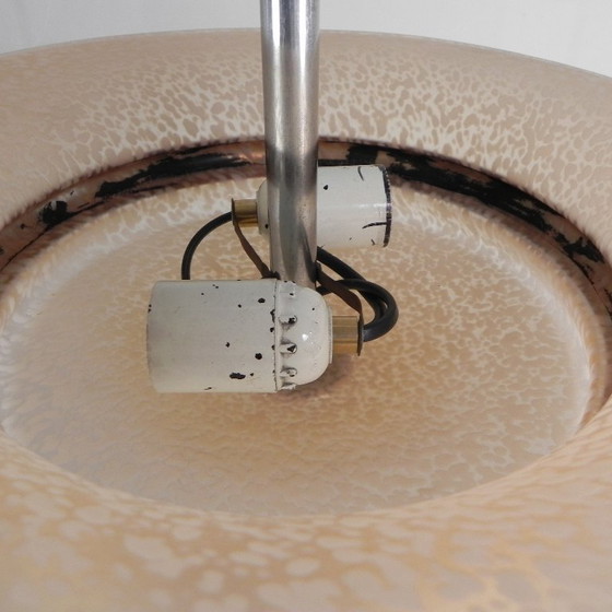 Image 1 of Art Deco hanglamp met glazen schaal van gewolkt glas met een gouden band, jaren 30