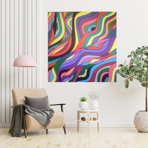 Courants Sauvages” – kleurrijk abstract schilderij van Franklin van Dam – Acryl op MDF – 95 × 95 cm