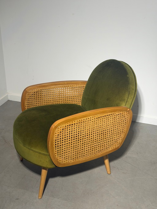 Loungestoel van riet en olijfgroen fluweel – fauteuils