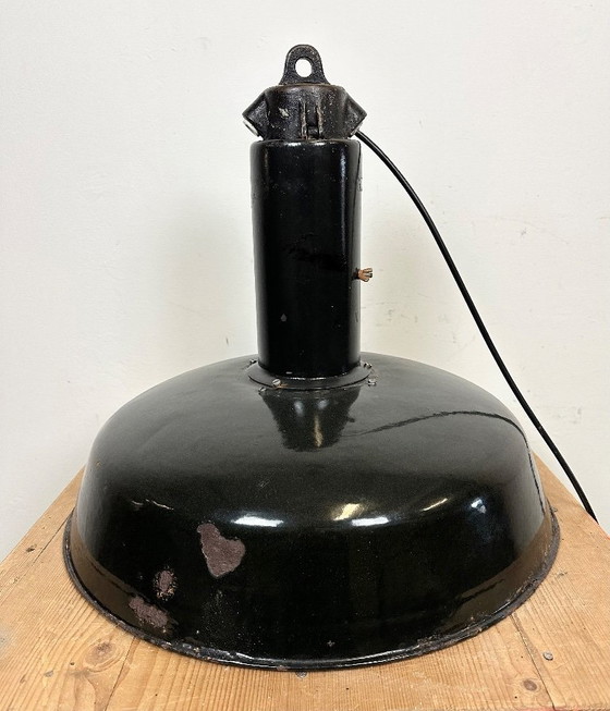 Image 1 of Industrial Black Enamel Factory Pendant Lamp with Iron Top, 1950s