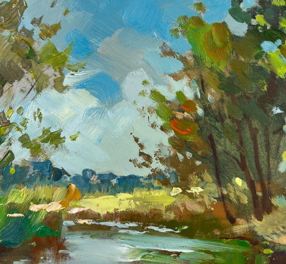 Image 1 of Original Oil Painting Summer Nature Landscape Quiet forest river