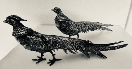 Image 1 of Magnifique paire de faisans en bronze argenté. Vintage - années 1950.