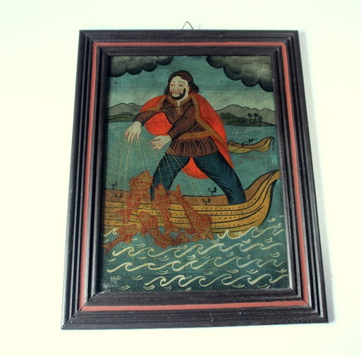 Peinture sous verre - motif chrétien - env. 1920 - encadré professionnellement dans un cadre en bois