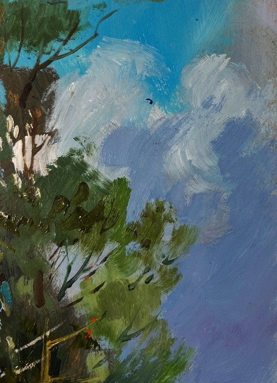 Image 1 of Original Oil Painting Summer Coastal Landscape Bridge over the river with people