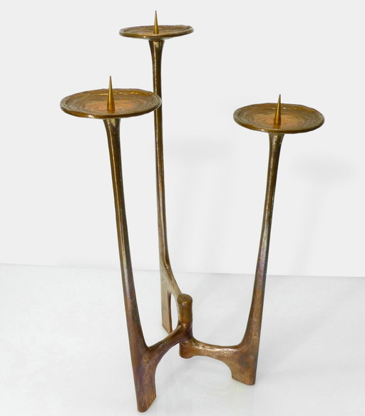 Brutalist XXL tripod candlestick in bronze, Michael Harjes, Germany, 1960
