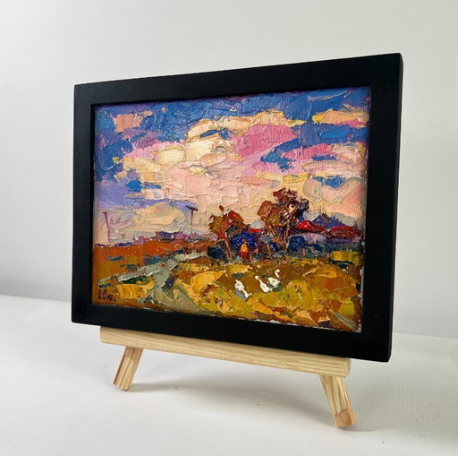 Original Oil Painting Sunset Field Landscape Evening pink clouds