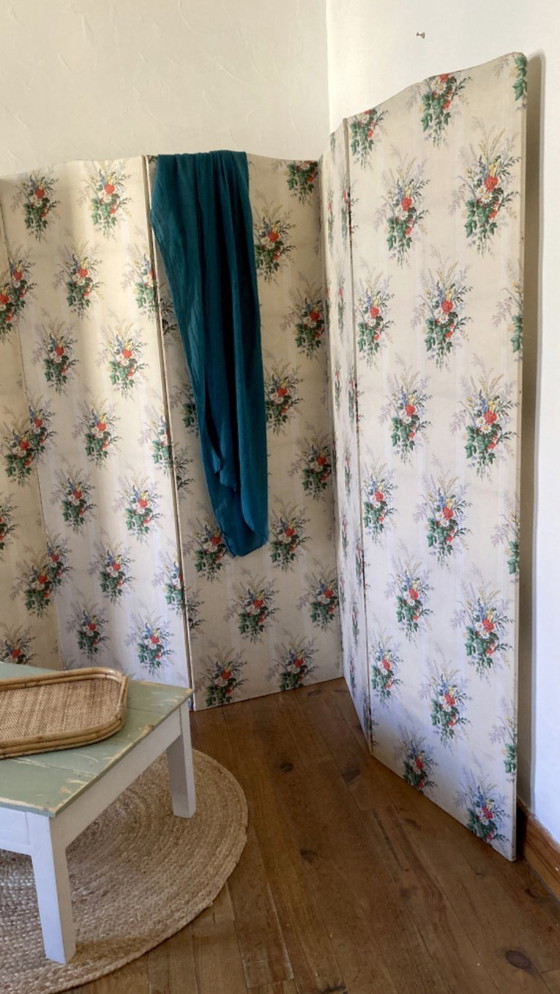 Image 1 of Antique 6-panel folding screen in wood and fabric, 1950s-1960s