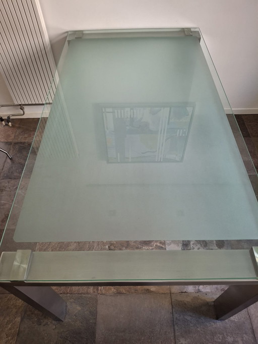 Table de salle à manger design en verre acier inoxydable 165x90x76cm