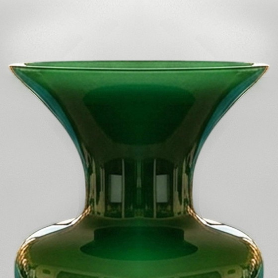 Image 1 of 1970s Italian Murano Blown Glass Emerald Green Vase by Maestro del Vetro.