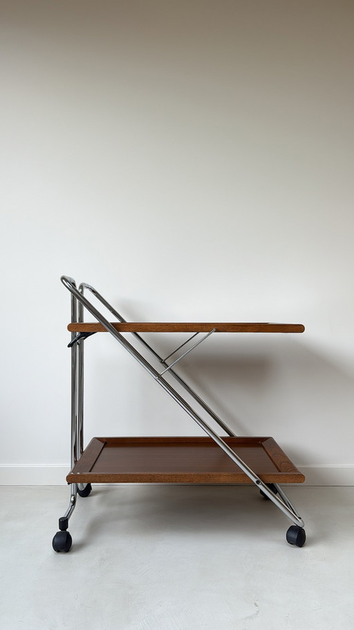 Carrito/carrito de servicio vintage estilo Mid-Century fabricado en cromo y madera