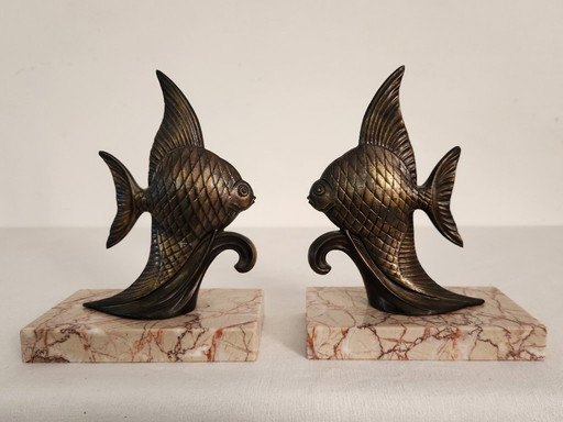 Pair of art deco marble and bronze fish bookends