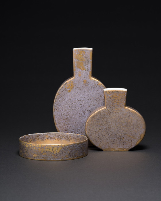 Image 1 of Ensemble en porcelaine allemande Helmut Drexler Rosenthal GOLDFEUER : vase duo et bol