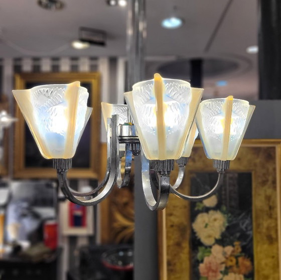 Image 1 of Deckenleuchte / Kronleuchter Atelier Petitot Paris, Glas und vernickeltes Metall, Art déco, 1930er Jahre – Frankreich