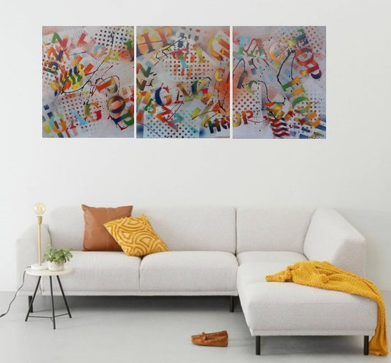 Image 1 of "Locution" - Zen and Colorful Triptych by 2LUSS'ART. A harmonious 140 x 55 cm format, composed of three F10 frames.