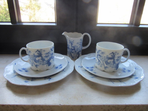 Rosenthal Manufaktur Selb: 2 Cups, 2 Saucers, 2 Side Plates + Creamer - Blue White Cherry Blossom Tree, Very Rare Pattern