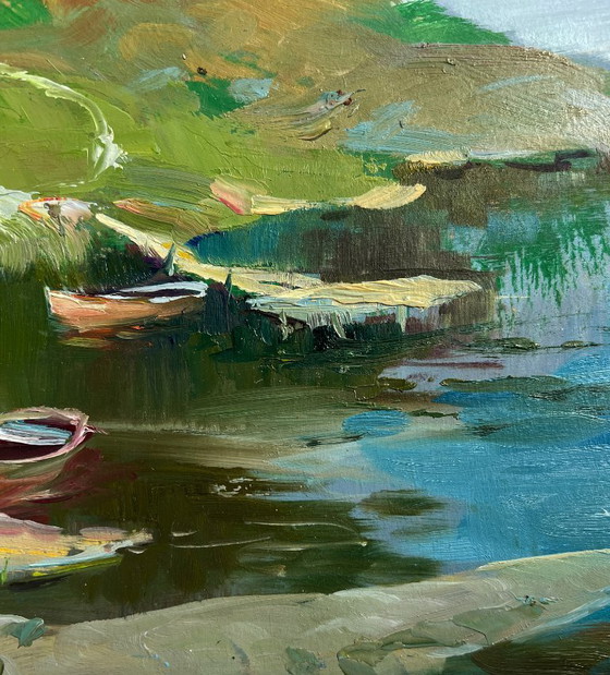Image 1 of Pintura al óleo original Paisaje fluvial costero Río cerca del pueblo