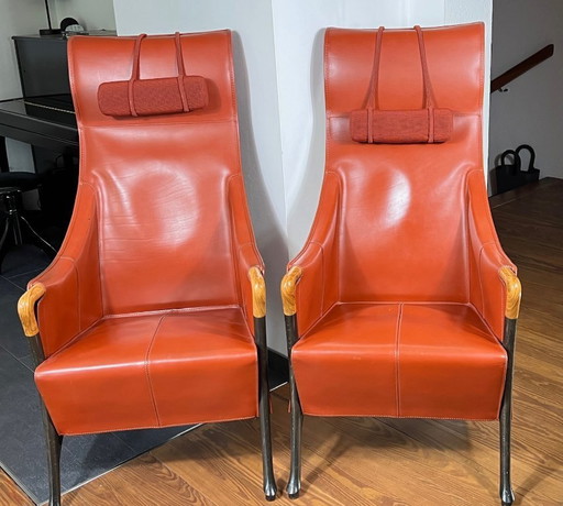Giorgetti Progetti Set van twee fauteuils – Rood leer / Rood leer (2 stuks)