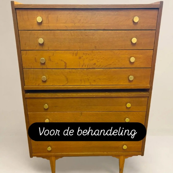 Vintage Teak Tallboy - 8 Drawers - 2-Piece Danish Design - Original Hardware - 1960s – Chest of drawers, Wood (photo 3 of 6)