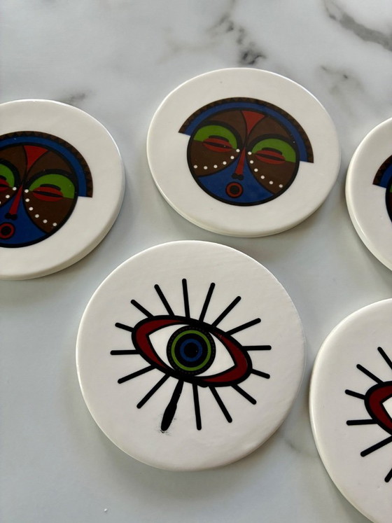 Image 1 of Juego de 6 posavasos de cerámica con motivos étnicos.