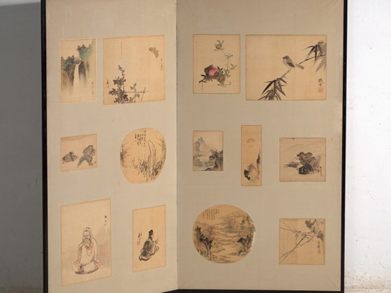 Paravento giapponese antico a due pannelli con dipinti montati – Giappone, circa 1900 – Paraventi, Paper (photo 2 of 40)
