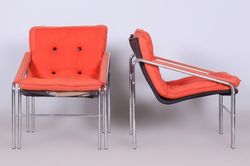 Originele 20e-eeuwse zitset met tafel, chroom, glas, Slowakije, jaren 70 – stoelen fauteuils, Textile (photo 2 of 14)