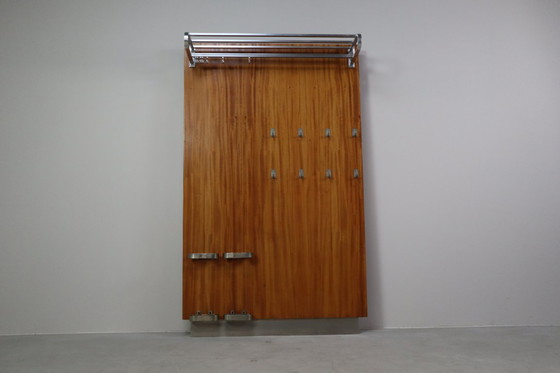 Image 1 of Modernist wall-mounted cloakroom in Teak, Aluminium & Nickel-plated Brass, 1950s