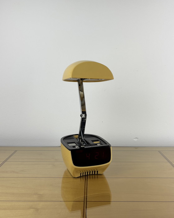 Image 1 of Lamp Table + Clock Vintage Clock - Lamp Zeitlicht Timco 1970s Bedside Lamp 70s Digital Alarm Clock Mid Century Modern Space Age