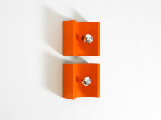 Image 1 of Pair of rare original 1960s Space Age metal wall lamps by Klaus Hempel for Kaiser Leuchten in orange