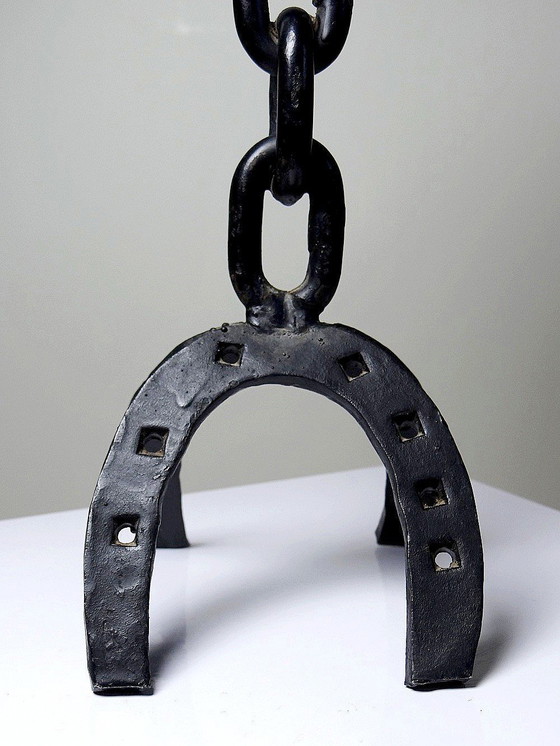 Image 1 of Vintage Brutalist Wrought Iron Candleholder Horseshoes Chain and Wood