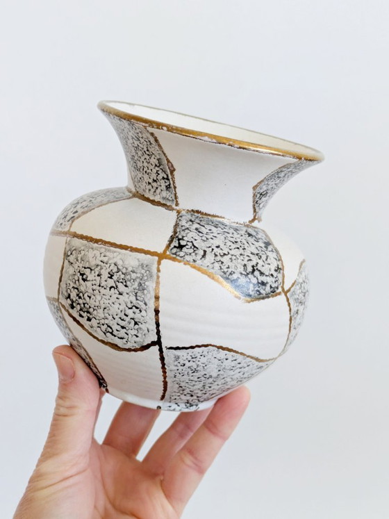 Image 1 of Midcentury Ü-Keramik Vase 1960s West German Pottery, Black and White Geometric Decor Gold Rim