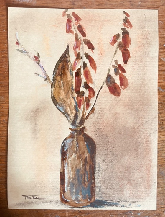 Image 1 of Watercolor and pastel still life painting "Vase of Dried Flowers"