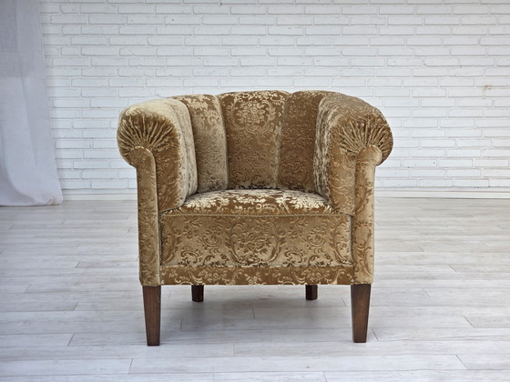 Image 1 of 1960s Danish Vintage Armchair, Green Furniture Velour, Ash Wood Legs