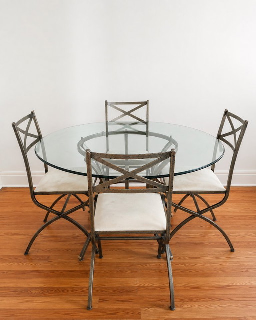 Pierre Vandel Paris – Round Glass Table + 4 Chairs, Certificates – eettafels, Metal