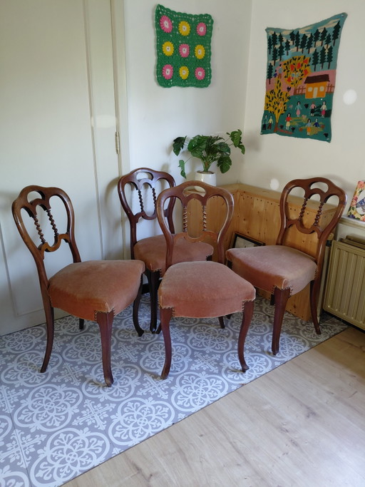 Juego de 4 sillas de comedor antiguas estilo Biedermeier - Buen estado – eetkamerstoelen, Velvet, Wood (photo 2 of 13)