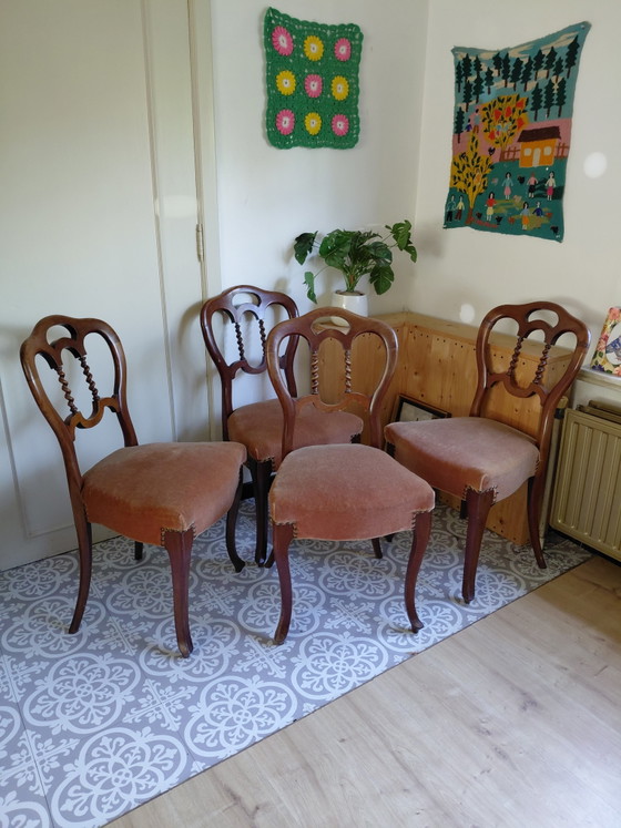 Juego de 4 sillas de comedor antiguas estilo Biedermeier - Buen estado – Velvet, Wood (photo 2 of 13)