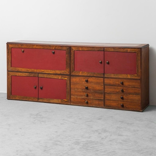 SCANDINAVIAN SIDEBOARD IN WOOD WITH DARK RED LEATHER, VINTAGE, MODERN, 1960s