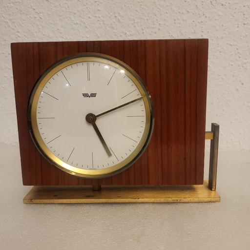 SVS Teak en Messing Klok, Bauhaus, Mid Century 1950/60, West-Duitsland