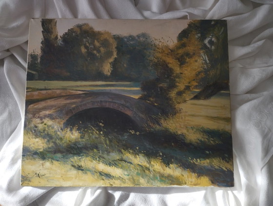 Oude bakstenen brug in Normandië - Gesigneerd olieverfschilderij – Schilderijen & Tekeningen, Canvas (photo 6 of 16)