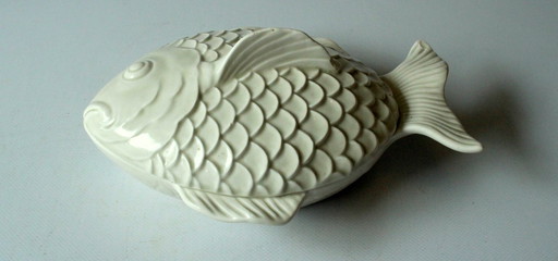 Rare fish-shaped butter dish - white porcelain - fish pot - Fitz and Floyd