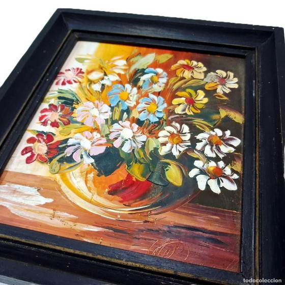 Image 1 of Dipinto a olio vintage con cornice – Natura morta floreale vibrante su pannello di fibra