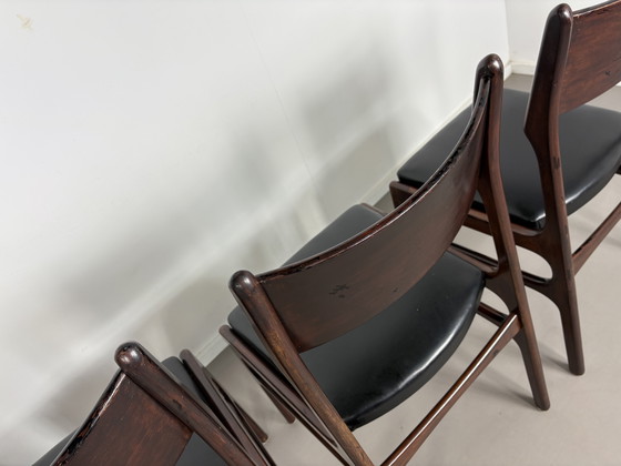 Image 1 of Set off 4 Vintage Palissander Wood With Black skai Leather dining chairs