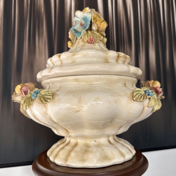 Image 1 of Vintage Baroque-Style Ceramic Lidded Bowl with Hand-Applied Flowers