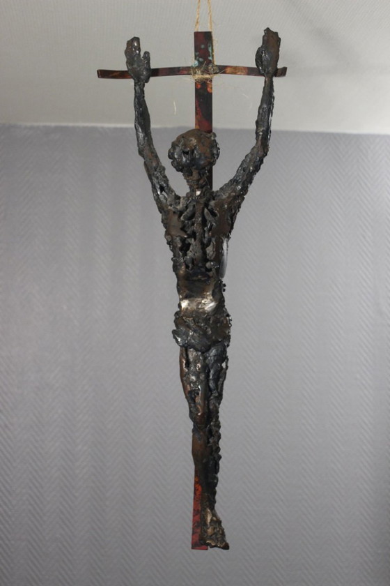 Image 1 of Brutalized crucifixion sculpture in welded iron, bronze, and copper, 1970s, signed
